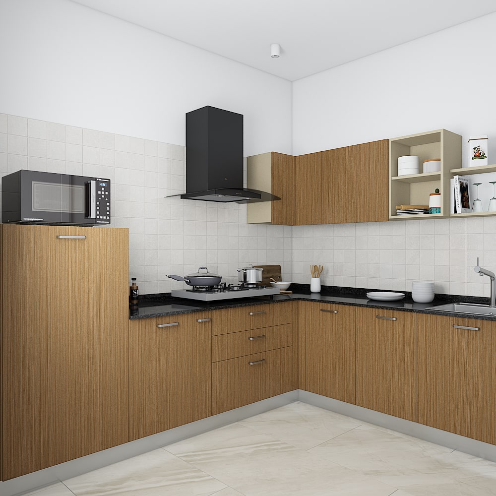 An L-Shaped Kitchen In Natural Teak Wood Finish – Qarpentri