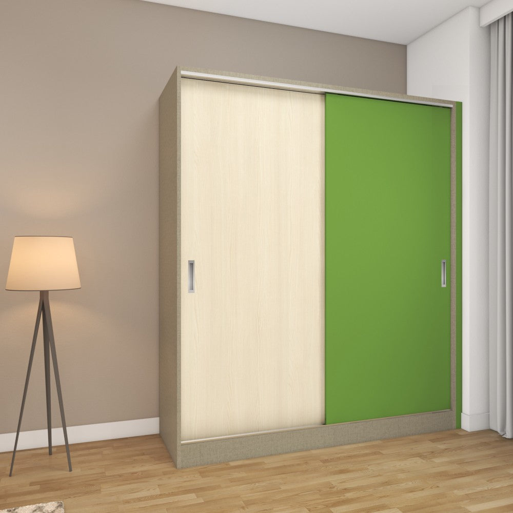 2 door sliding wardrobe with pine wood and lime green laminate