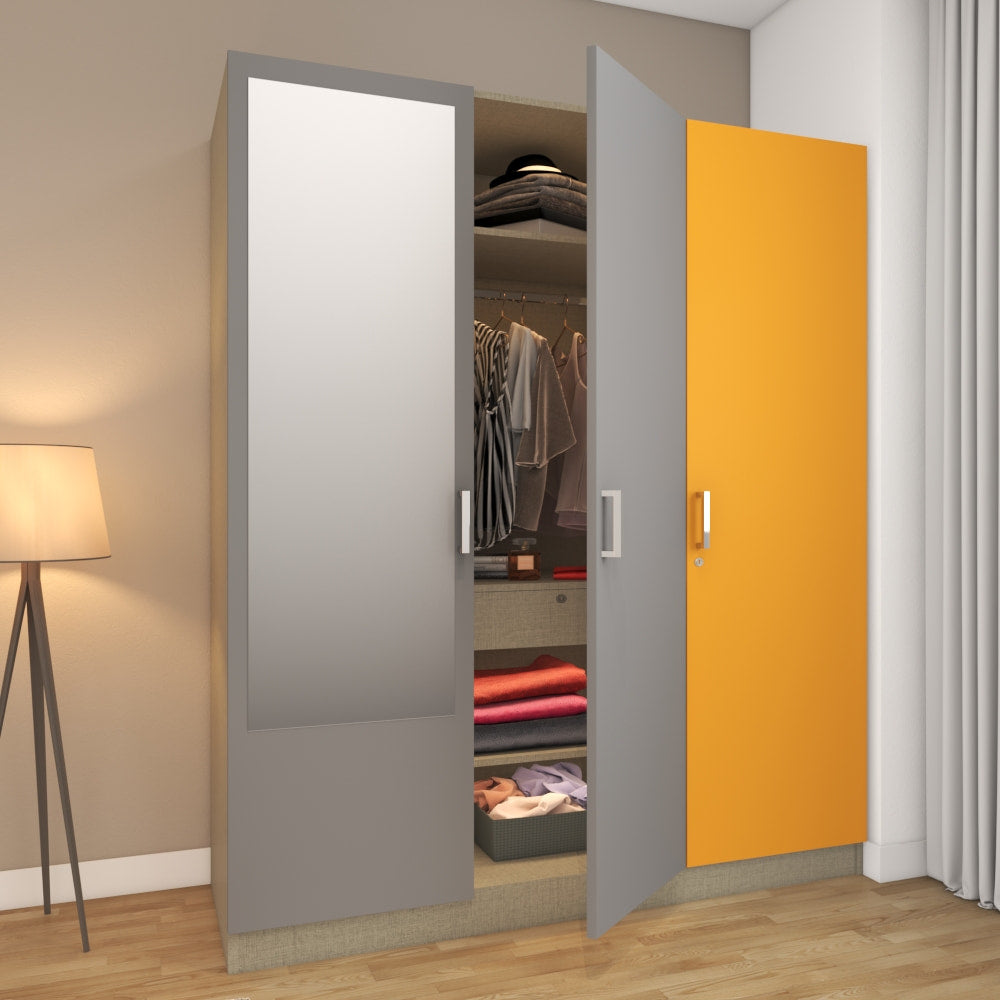 3-door wardrobe with mirror in combination of light grey 2-door and a mango door