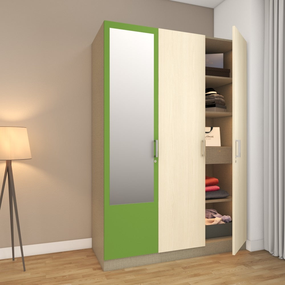 3-door wardrobe with pine wood colour 2-door and lime green 1-door design