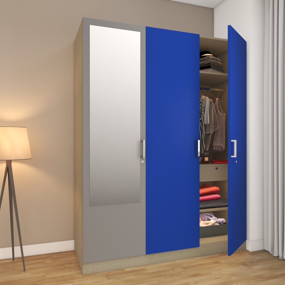 3-door wardrobe with mirror design finished in kingfisher blue and light grey