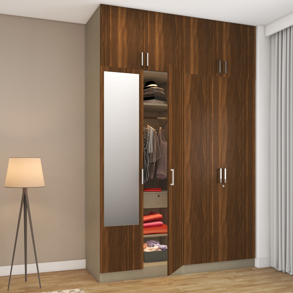 Brown teak 4-door wardrobe design with mirror on one door