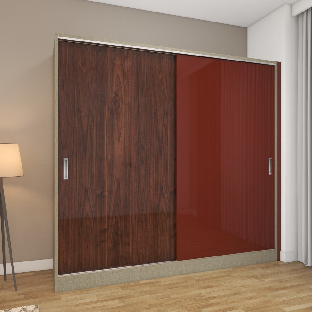 2 door sliding wardrobe with brown walnut and deep red HGL laminate
