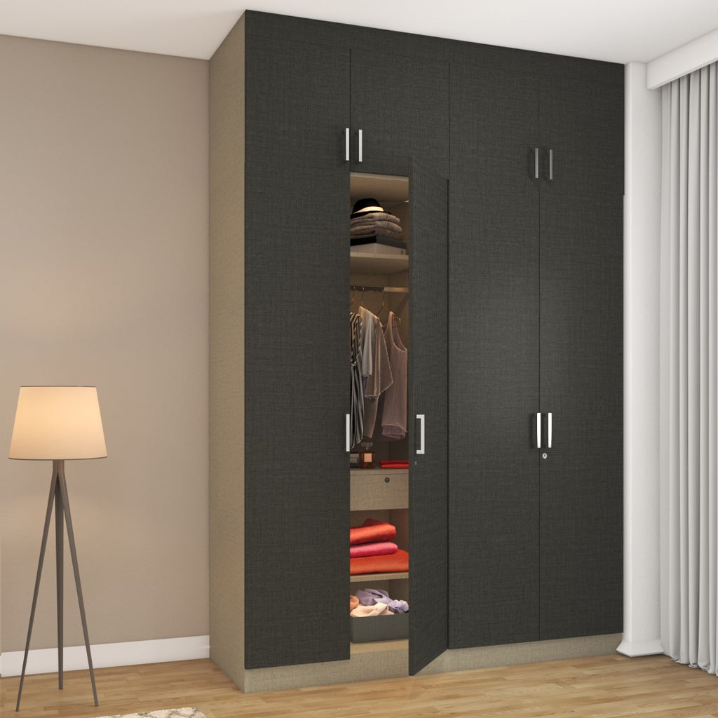 Grey linen 4-door wardrobe design with lofts