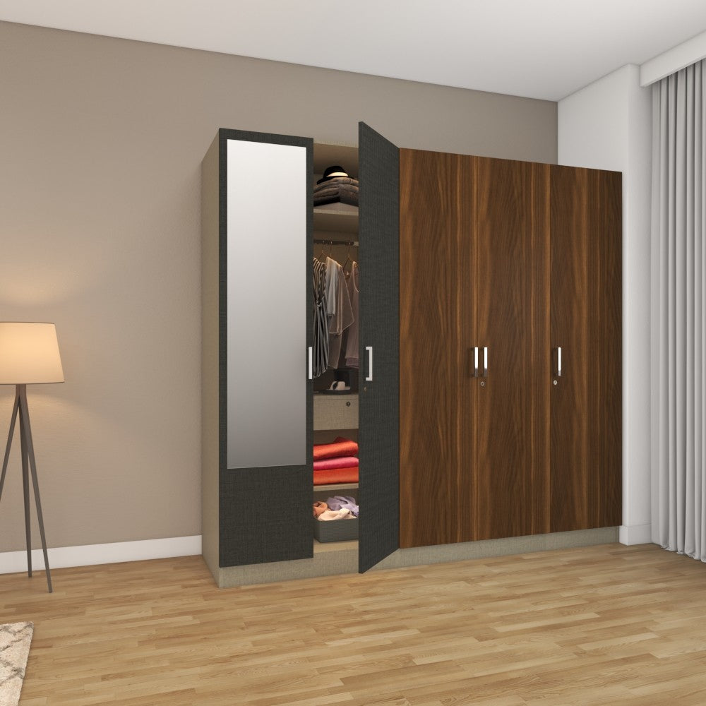 5-door wardrobe in grey linen and brown teak laminate