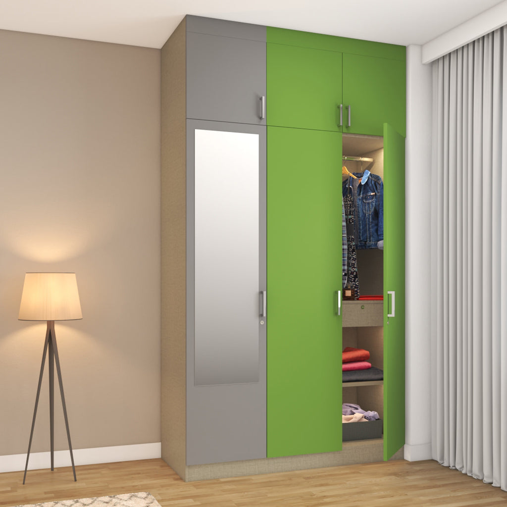  Lime green and light grey 3-door wardrobe with mirror