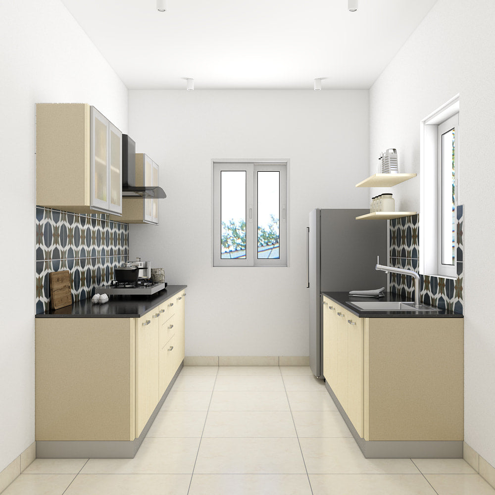 A Parallel Shaped Kitchen In A Pine Wood Finish Paired With Frosted Gl ...