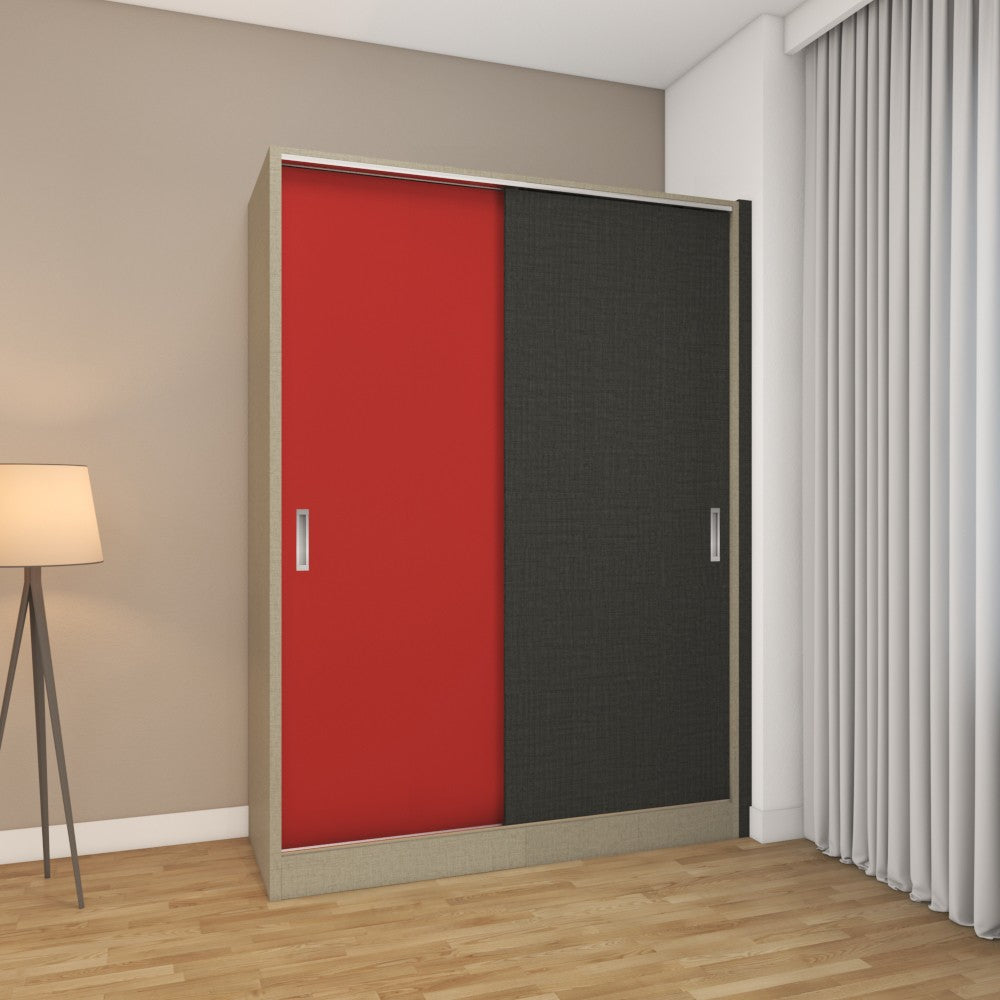 2 door sliding wardrobe with rose red and grey linen laminate