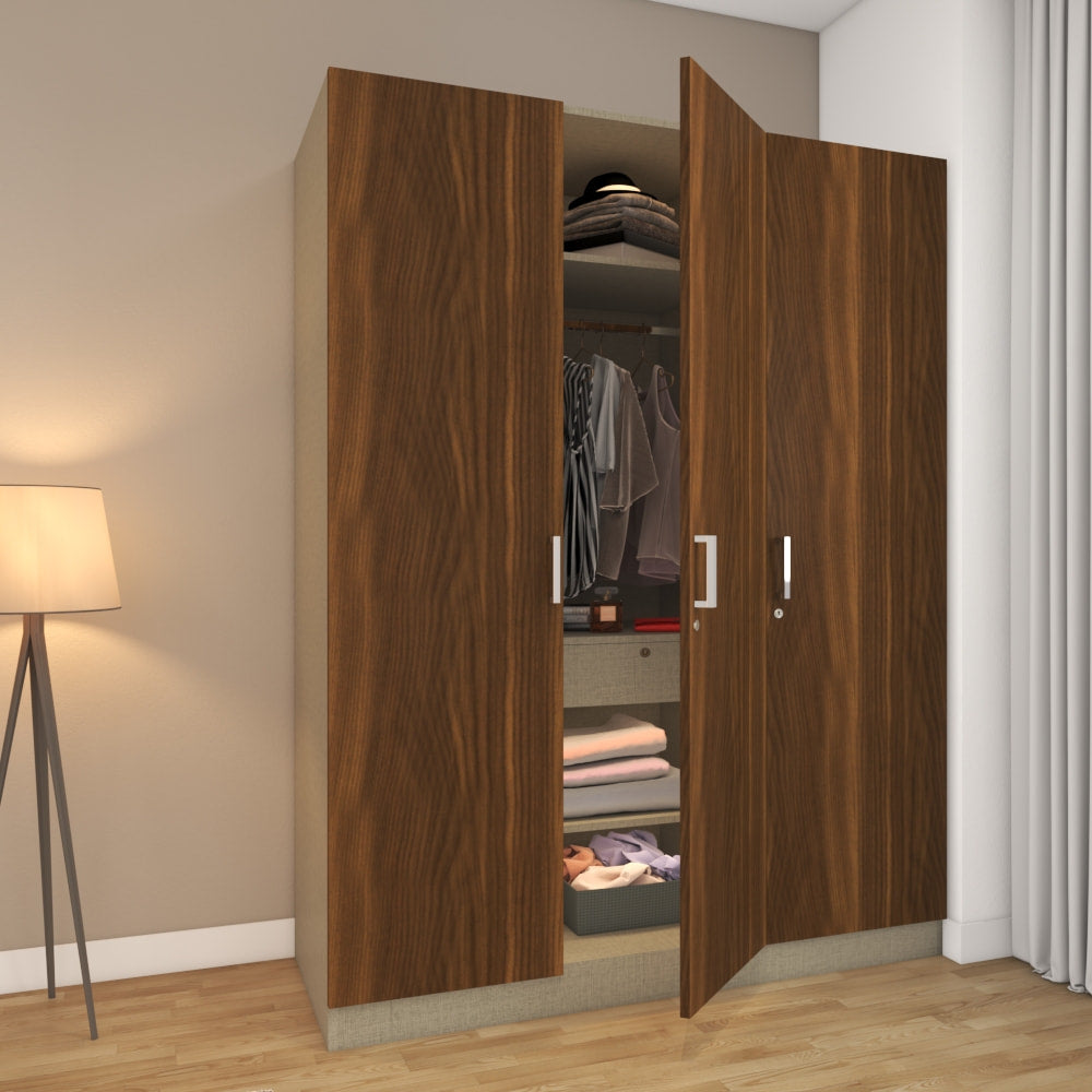 Three-door wardrobe design finished in brown teak laminate