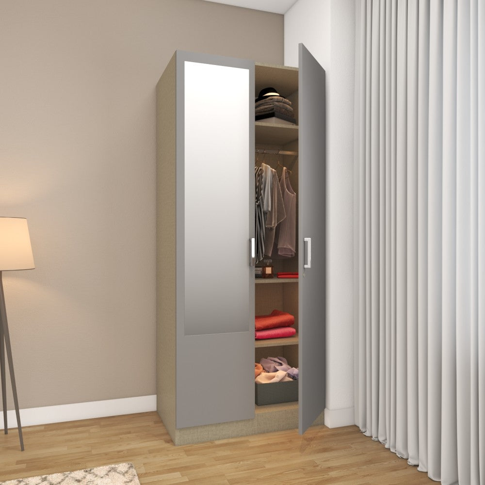 Wardrobe design with a mirror on one light grey door, set in a bedroom