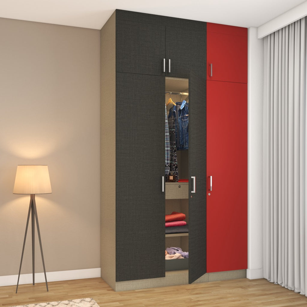 Wardrobe design with 3-door in grey linen and rose red dual-tone combination
