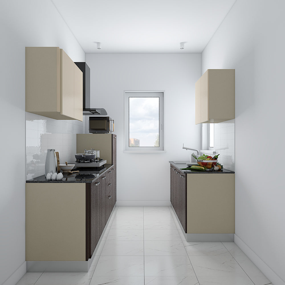 A Parallel-Shaped Kitchen In Dark Walnut And Cream Coloured Laminates ...